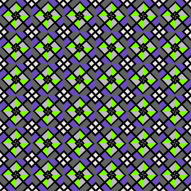 Un motivo viola e verde con quadrati e triangoli.