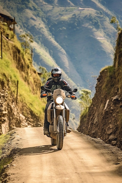 Un motociclista che guida la sua moto in un bel paesaggio montuoso