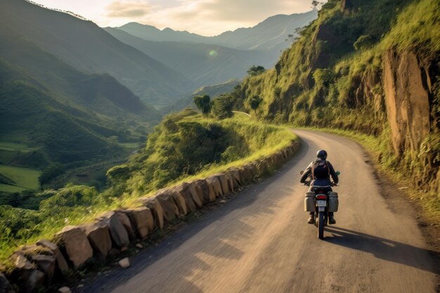 Un motociclista con un casco guida una moto lungo una montagna IA generativa