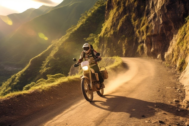 Un motociclista con un casco guida una moto lungo una montagna IA generativa