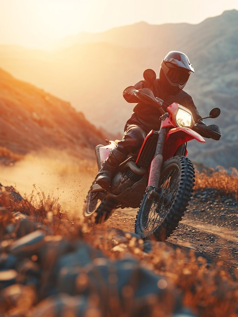 Un motociclista esperto in attrezzatura completa di motocicletta che guida una bicicletta enduro su una strada di montagna durante il tramonto con uno sfondo 3D che rappresenta l'idea di motociclismo veloce come hobby e viaggio