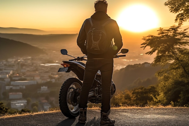 Un motociclista in piedi su una collina della città che guarda la strada