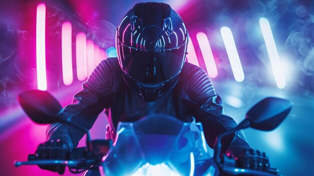 Un motociclista va veloce con le luci al neon