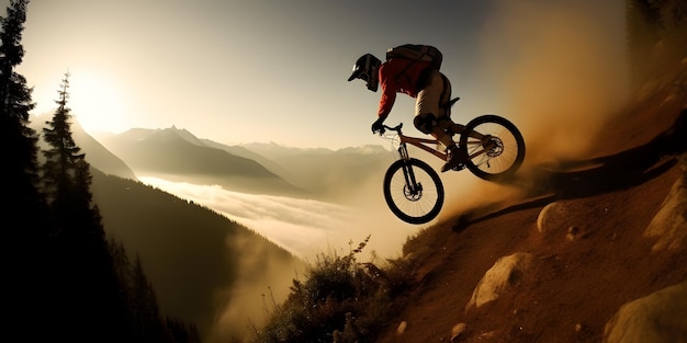 Un mountain biker è in aria e sta per atterrare su una collina.