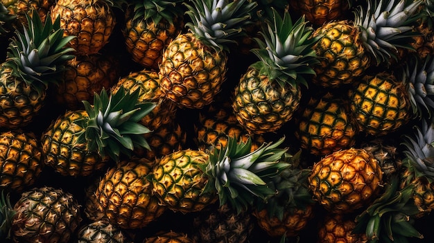 Un mucchio di ananas con la parola ananas in cima.