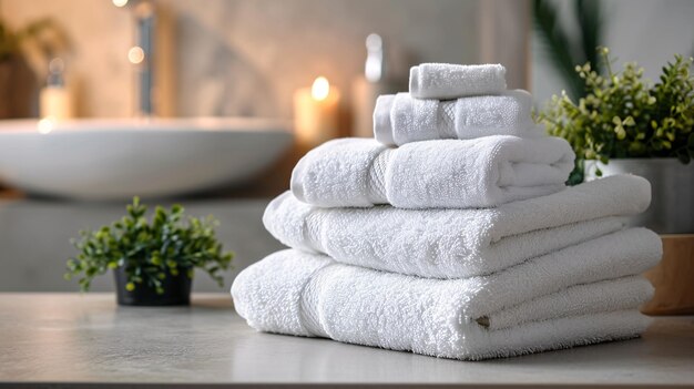 Un mucchio di asciugamani esposto su una lavanderia pulita in un lussuoso bagno