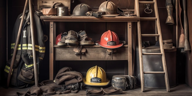 Un mucchio di attrezzi da lavoro tra cui un cappello da pompiere e un cappello da pompiere.