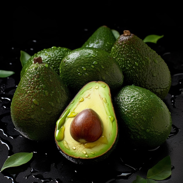 Un mucchio di avocado con foglie sul tavolo