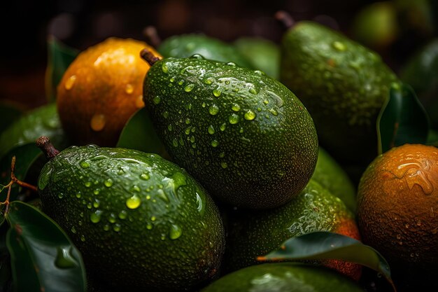 Un mucchio di avocado con gocce d'acqua sopra