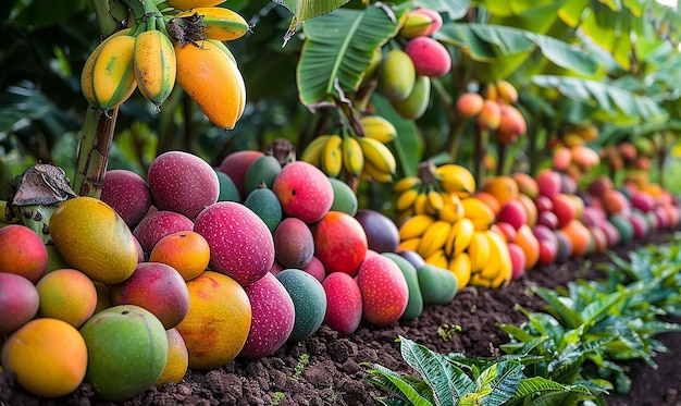 un mucchio di banane sono a terra e la parola frutta