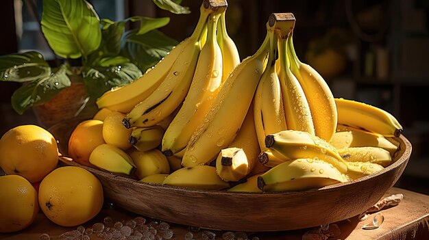 un mucchio di banane sul tavolo con uno sfondo sfocato