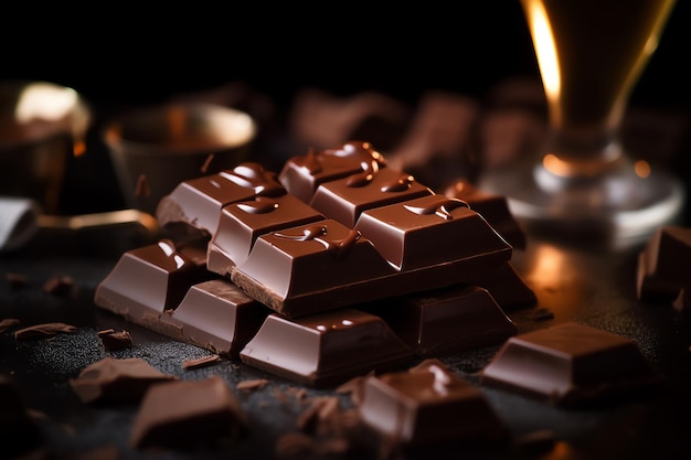 Un mucchio di barrette di cioccolato fondente con la parola cioccolato in cima.