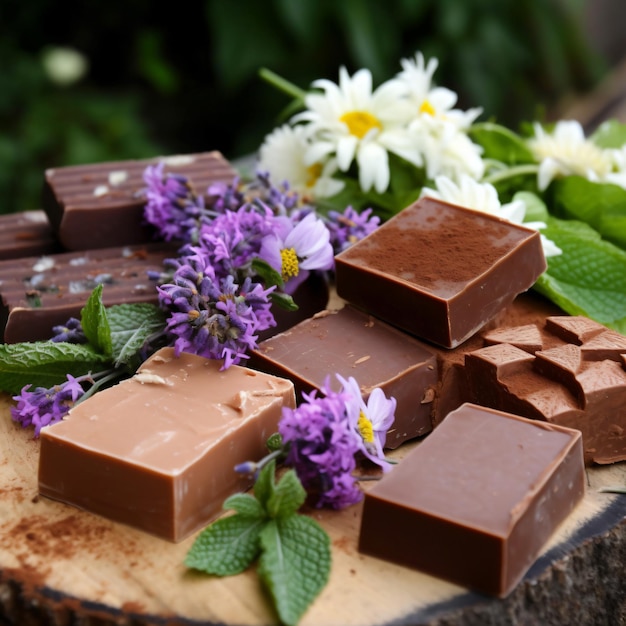 un mucchio di barrette di cioccolato sedute sopra un tavolo di legno