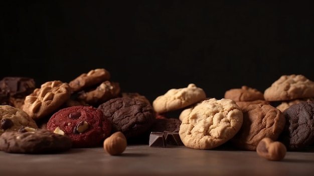 Un mucchio di biscotti con scaglie di cioccolato e biscotti con scaglie di noci di macadamia su un tavolo boscoso