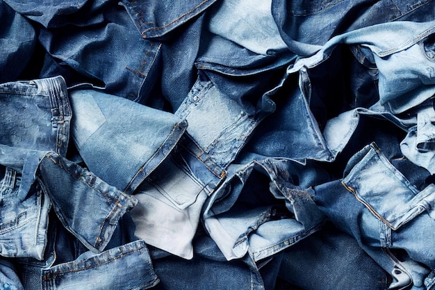 Un mucchio di blue jeans con la parola denim sul fondo