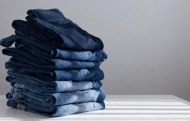 Un mucchio di blue jeans su uno sfondo chiaro vicino allo spazio della copia