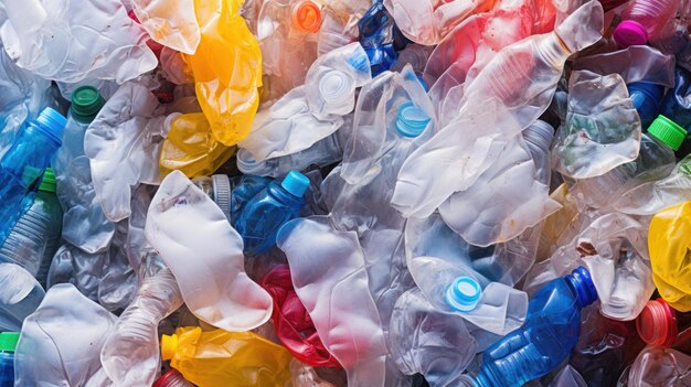 Un mucchio di bottiglie di plastica colorate appena frantumate in attesa del loro viaggio verso l'impianto di riciclaggio che simboleggia la riduzione dei rifiuti