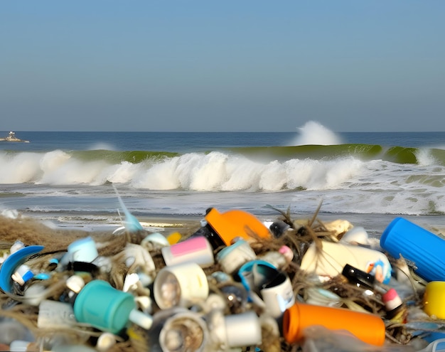 Un mucchio di bottiglie di plastica su una spiaggia con un'onda che si infrange dietro di loro.