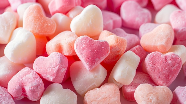 Un mucchio di caramelle a forma di cuore rosa e bianca