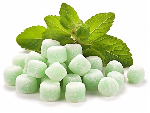 Un mucchio di caramelle alla menta e una foglia di menta su uno sfondo bianco