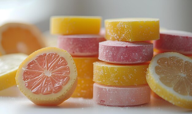 Un mucchio di caramelle di diversi colori con una fetta di limone in cima e una fette di pompelmo