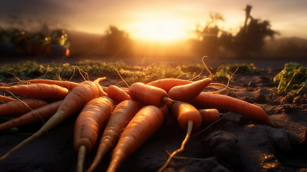 Un mucchio di carote steso a terra con il sole che tramonta dietro di loro