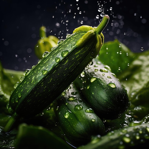 Un mucchio di cetrioli con gocce d'acqua su di loro