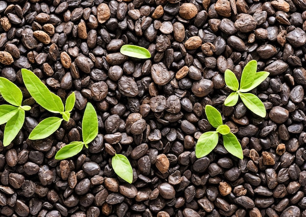 Un mucchio di chicchi di caffè con foglie verdi in cima