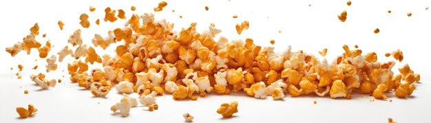 Un mucchio di chicchi di popcorn che volano nell'Airon Sfondo bianco Wde Generative AI panoramica