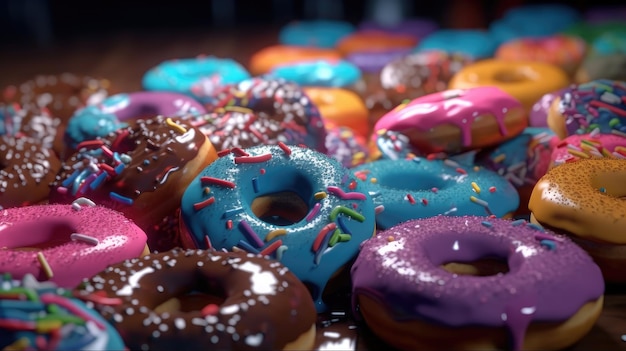 Un mucchio di ciambelle colorate con colori diversi su di loro