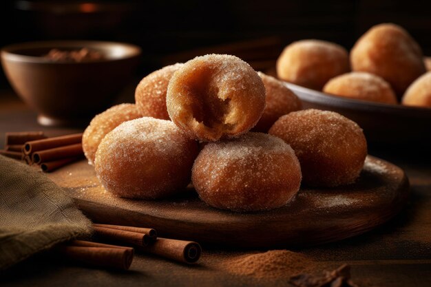 Un mucchio di ciambelle zuccherate su un piatto con bastoncini di cannella sul lato.