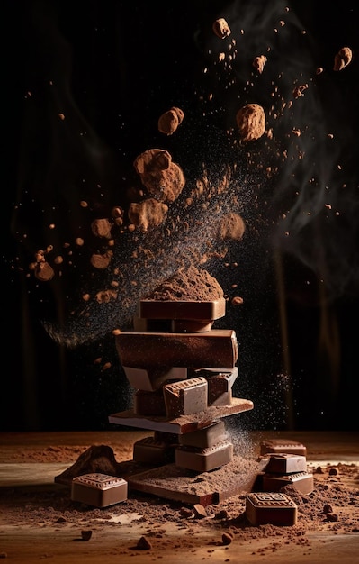 Un mucchio di cioccolato seduto sopra un tavolo di legno una natura morta AI generata AI generativ