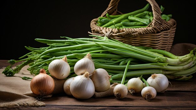 Un mucchio di cipolle e dei fagioli verdi.