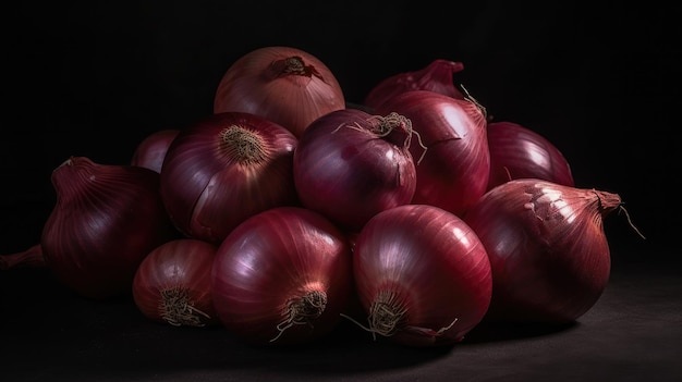 Un mucchio di cipolle rosse su sfondo nero