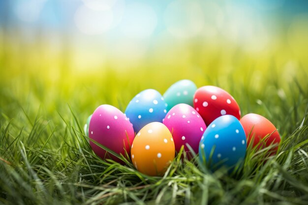 Un mucchio di colorate uova di Pasqua punteggiate nell'erba verde perfetta
