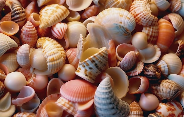 Un mucchio di conchiglie della collezione di conchiglie di mare.