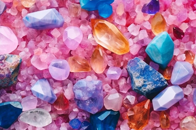 Un mucchio di cristalli tra cui una gemma blu, arancione e verde.