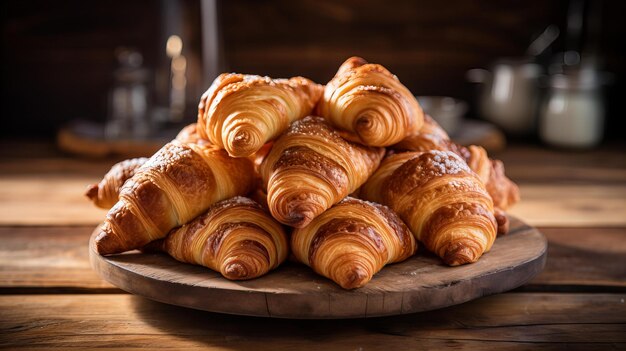 Un mucchio di croissant francesi classici appena cotti su un tavolo di legno rustico