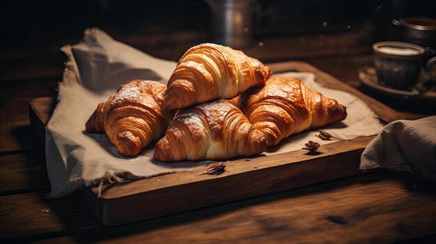 Un mucchio di croissant francesi classici appena cotti su un tavolo di legno rustico