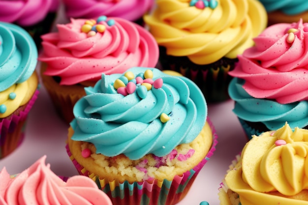 Un mucchio di cupcakes colorati con glassa blu e granelli.