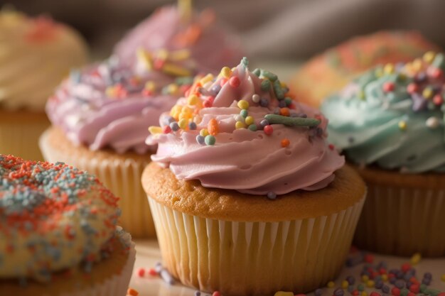 Un mucchio di cupcakes con codette di colore diverso sopra