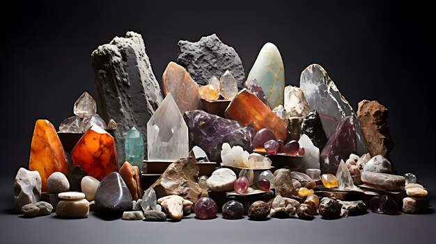 un mucchio di diversi colori di minerali e minerali