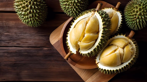 Un mucchio di durian su un piatto di legno