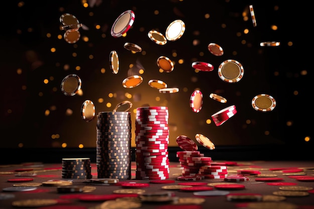 Un mucchio di fiches da poker che cadono in aria