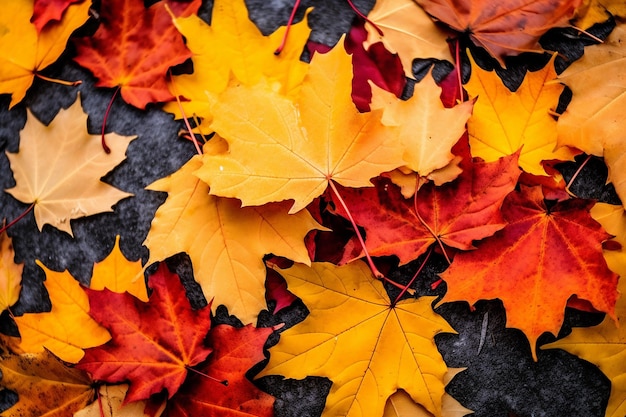un mucchio di foglie autunnali colorate sparse sul terreno generate dall'AI