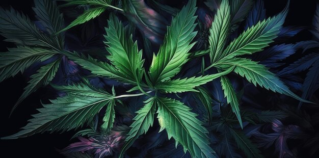 Un mucchio di foglie di marijuana verde su sfondo nero per uso medicinale e terapeutico AI generativa