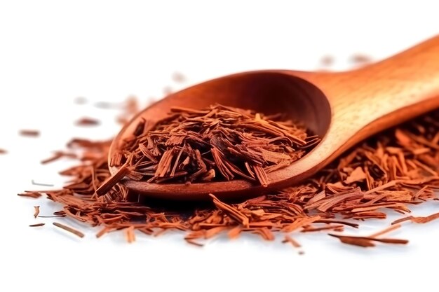 Un mucchio di foglie di tè secche di rooibos con una pala di legno