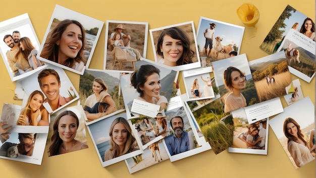 un mucchio di foto di persone su uno sfondo giallo con uno sfondo giallo