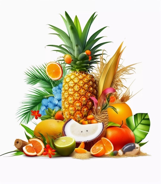 Un mucchio di frutta con un ananas e altri frutti generativi ai