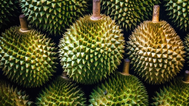 Un mucchio di frutta durian con la parola durian in cima.